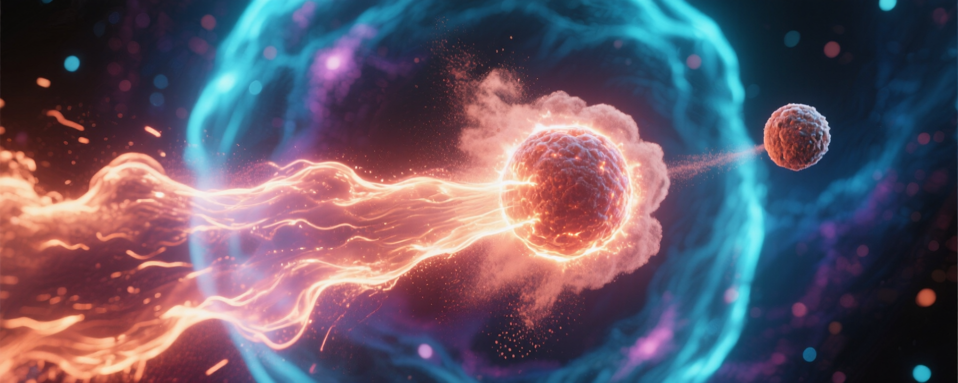 Cosmic dust tail with brilliant particulate glow and electromagnetic fields