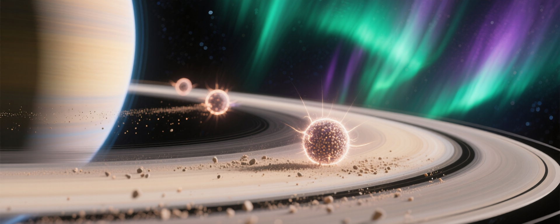 Saturn's rings showing dusty plasma interactions with charged ice particles